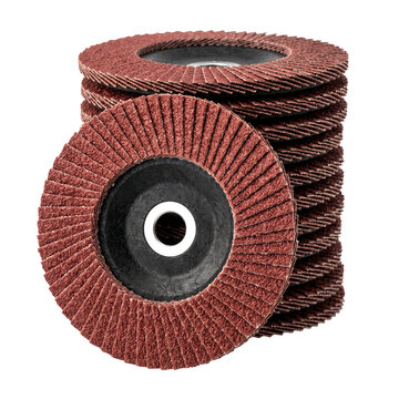 Stack of abrasive brown flap discs shown on transparent background