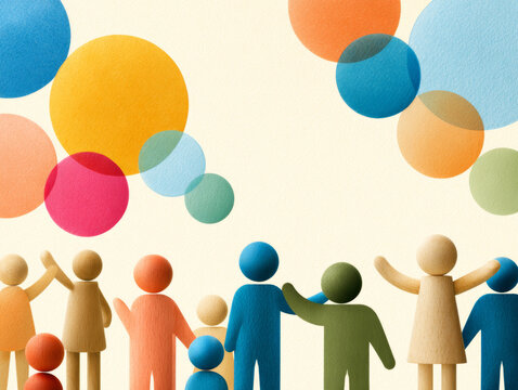 Open leadership clarity in organizational thinking is shown by colorful wooden figures and overlapping circles symbolizing teamwork unity and creative collaboration in positive environment