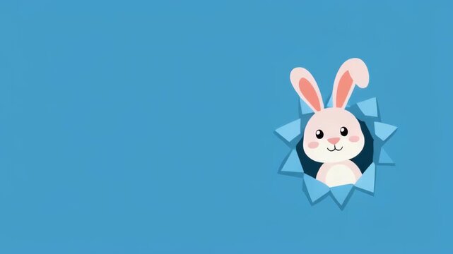 Cute bunny peeking through hole in blue paper during spring celebration for advertising