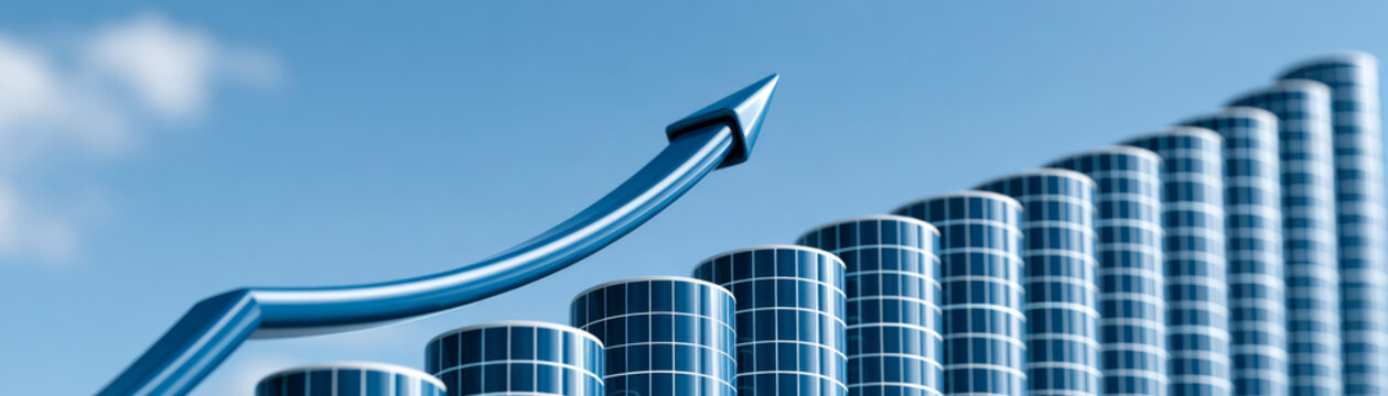 Business expansion breakthrough growth mindset illustrated by blue upward arrow and modern glass buildings symbolizing financial success and positive economic trend