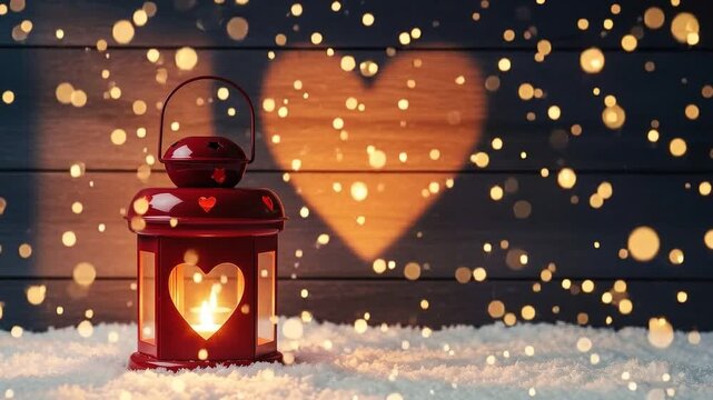 Red lantern with heart cutout glowing in the snow
