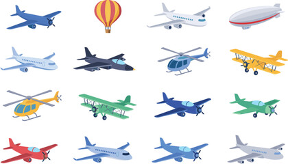 Aviation and Aircraft Isometric Icon Set with Commercial Airplanes Helicopters Fighter Jets Propeller Planes Hot Air Balloon and Blimp Vector Illustrations © mdtaleb