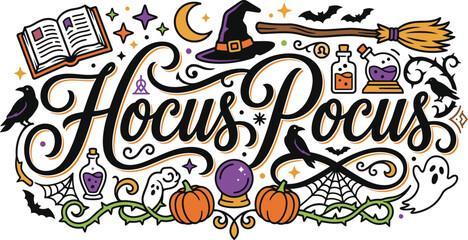 Fototapeta premium Hocus pocus halloween lettering design with spooky icons Vector