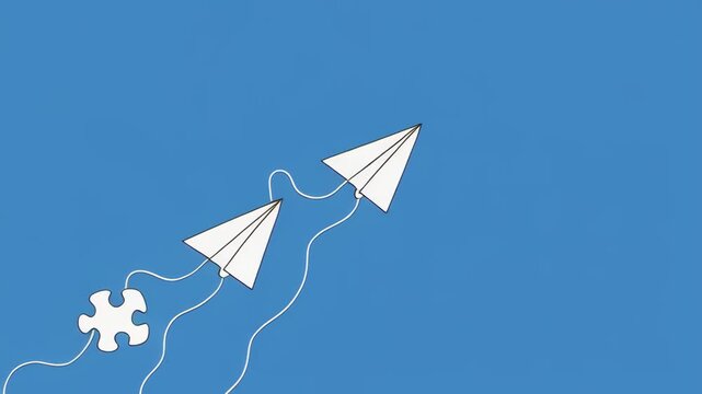 Origami paper airplanes with puzzle pieces ascend against a clear blue sky during daytime