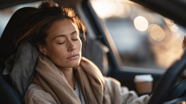 Tired woman rests with closed eyes in the driver's seat of a parked car during warm evening light.