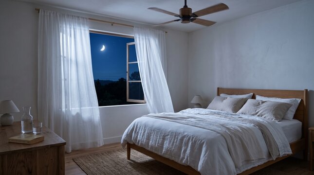 bedroom prepared for a warm summer night, lightweight breathable bedding, an open window with sheer curtains moving gently, a quiet ceiling fan and a glass carafe on a side table, moonlit blue atmosph