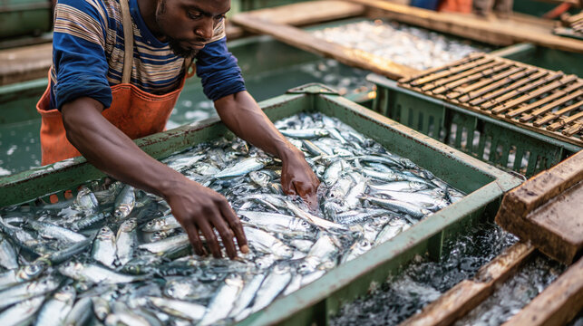 Fisherman sorts freshly caught fish in waterfilled crates at a busy seafood processing facility.