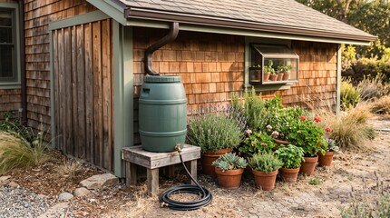 Obraz premium rainwater collection concept during a dry summer season, a small rain barrel connected to a simple gutter system beside lush container plants and dry textured soil, natural outdoor setting, warm clay,