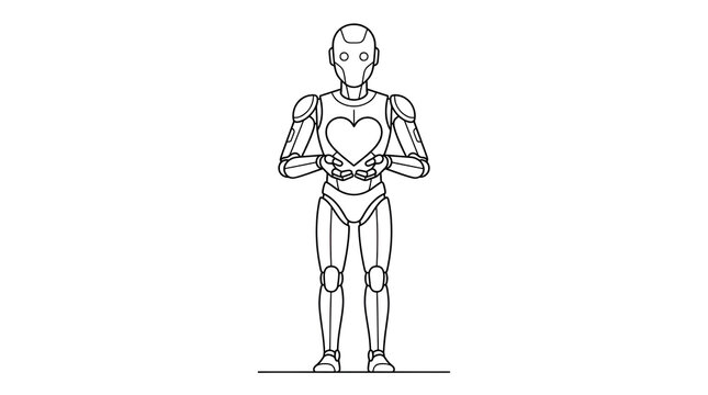 Monochrome vector illustration of robot holding a heart symbol