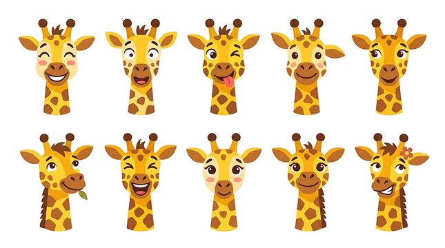 Cute giraffe faces expressing various emotions and actions