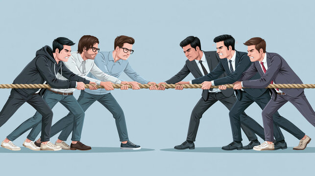 Six determined men compete in a tense tug of war, symbolizing rivalry, teamwork, conflict and opposing business interests.