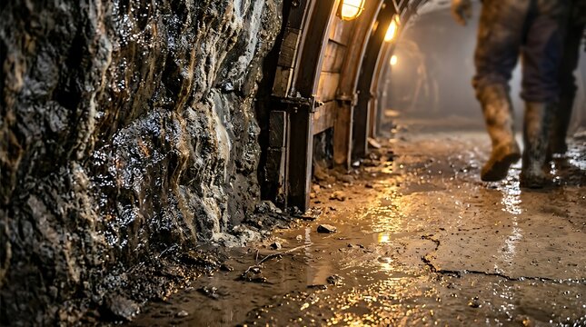 Miner walking through a dark underground coal mine tunnel with wet rocky walls and lights