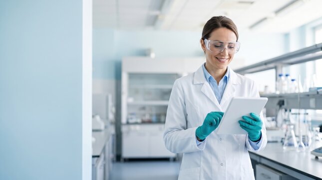 Smiling female scientist in lab coat and safety glasses using a digital tablet in a modern laboratory setting.