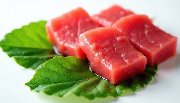 Three raw bright red tuna slices rest on green leaves. Fresh fish meat squares prepared for Japanese sashimi dish. Healthy seafood protein snack arranged neatly on white surface. Culinary ingredient