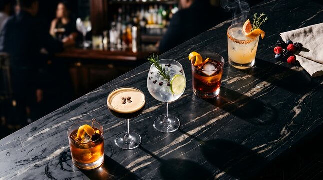 Sophisticated craft cocktails on dark marble bar, variety of elegant mixed drinks with garnishes, luxury nightlife and mixology concept