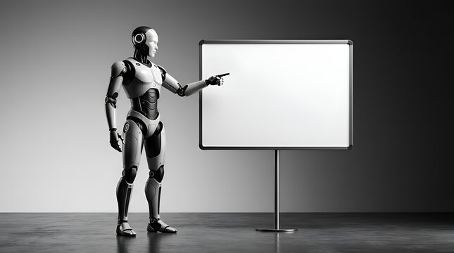 Monochrome Futuristic Robot Pointing at Blank Whiteboard