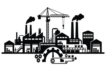 Fototapeta premium Industrial factory complex with machinery and construction crane illustration