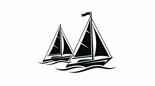 Two sailboats on the water, minimalist black and white vector illustration