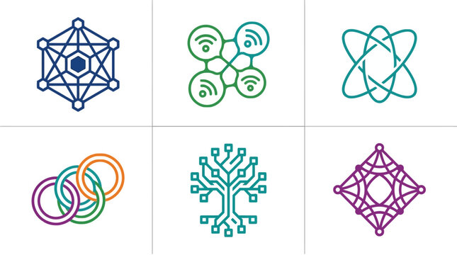 Six abstract geometric icons in a 2x3 grid, featuring network, technology, circuit, wireless, atom, rings, node, and tree designs in blue, green, orange, and purple line art.