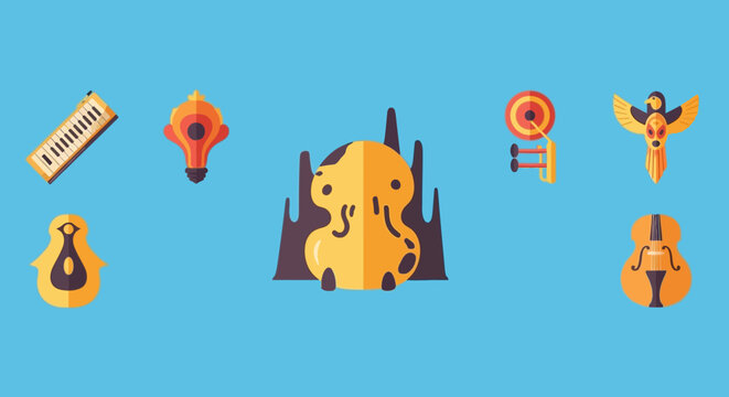Colorful illustration of various musical instruments arranged on a blue background, including keyboard, guitar, violin, cello, and abstract shapes.