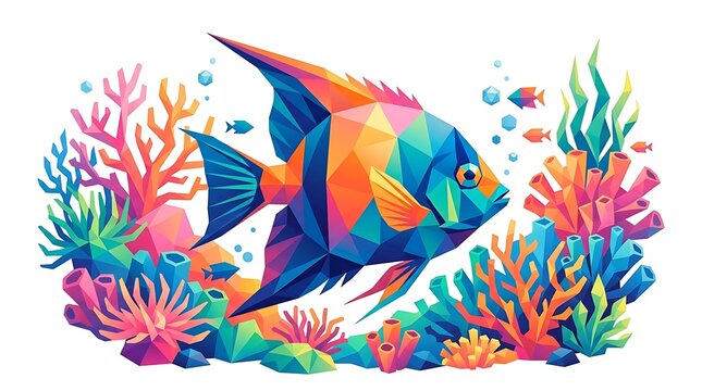 Colorful geometric angelfish among coral reef elements