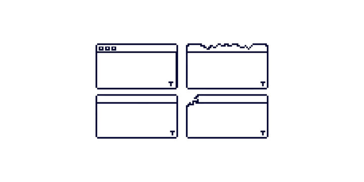 Pixel art computer window set with glitches and broken edges