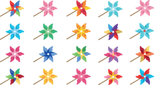 Colorful Pinwheel Toy Vector Icon Set with Various Patterned Wind Spinners for Children Festivals Party Favors Summer Celebrations and Playful Graphic Designs