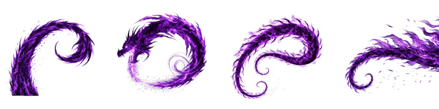 Purple fire dragon shapes collection with abstract magical flames