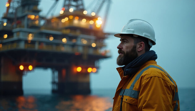 Bearded engineer wearing white hard hat looks at offshore oil rig platform in ocean. Pro worker in yellow reflective jacket stands near gas extraction site at sea. Industrial energy production