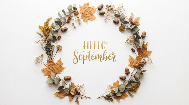 Hello september text with autumn wreath of dry leaves, acorns and flowers isolated on white background