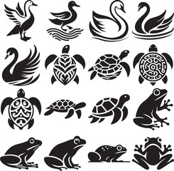 Obraz premium Black and white waterfowl and amphibian vector icons set