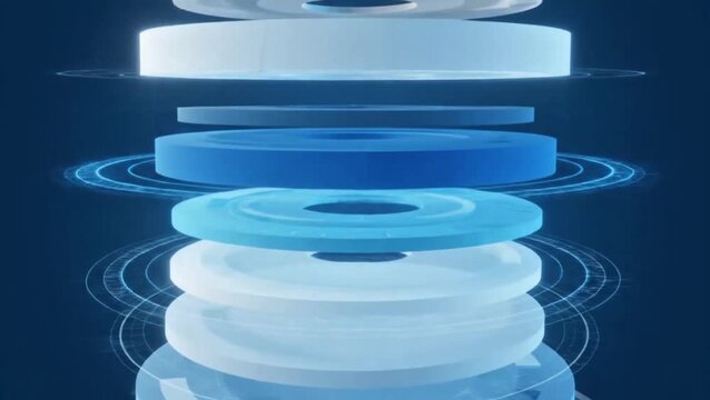 Abstract representation of stacked circular layers with glowing blue light and radiating energy patterns, symbolizing technology and innovation.