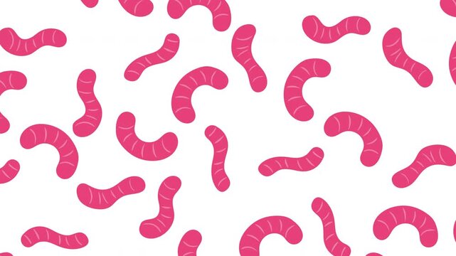 2D cartoon animation pattern of pink worms or larvae wriggle on white background. Cartoon loopable motion art for game or movie.