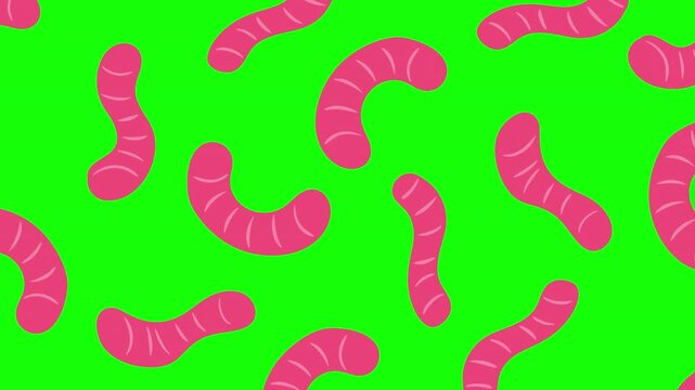2D animated pattern of pink worms or larvae wriggle on green screen key background. Cartoon loopable motion background for game or movie.