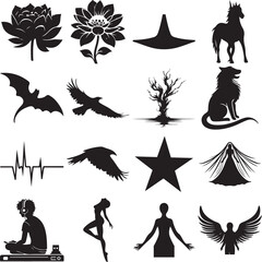 Fototapeta premium Black and white gothic fantasy symbols and creatures illustration