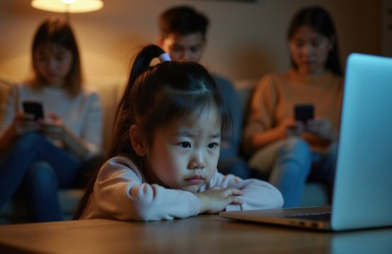 Sad Asian girl at home feels ignored by parents preoccupied with smartphones and laptop. Childhood loneliness despite family presence. Feeling disconnected.