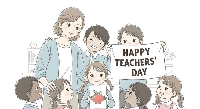 Happy teachers' day illustration with students and teacher in classroom
