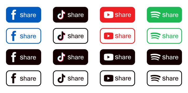 Famous social network share buttons set with logo icons, clean flat vector web elements