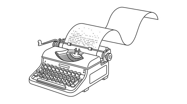 Vintage typewriter with long paper roll, hand-drawn sketch