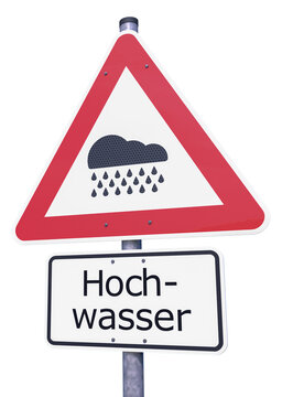 3d Illustation - Verkehrsschild - Achtung - Hochwasser - Freisteller