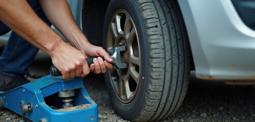 Fototapeta premium Man uses wrench to change flat car tire on roadside. He jacks up vehicle for repair. Driver fixes automobile problem with tool. Help on road for broken transport.