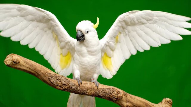 Cockatoo on a green screen background perched on a wood branch while chirping and spreading its white wings