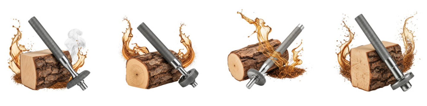 Rotary tool burr bits with wood logs and liquid splash on black background