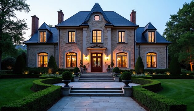 Large French provincial mansion features classic stone facade with mansard roof at dusk. Elegant estate glowing windows illuminated gardens, manicured lawn. Luxury residential building displays