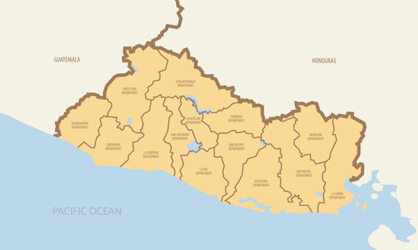 Map of El Salvador with administrative divisions and borders of neighboring Central American countries, detailed vector illustration