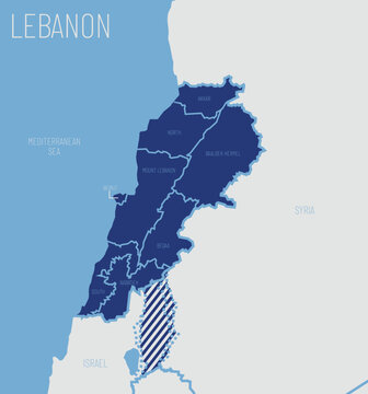 Detailed map of Lebanon with governorate and country boundaries, middle east, western asia, administrative vector illustration for infographics
