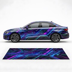 Fototapeta premium Futuristic Car Wrap Design: Cyberpunk Circuit Board Pattern with Neon Blue and Purple Lights, Automotive Customization