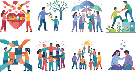 Naklejka premium Charity and Community Support Vector Icon Set Representing Kindness Helping Others Donation and Social Care