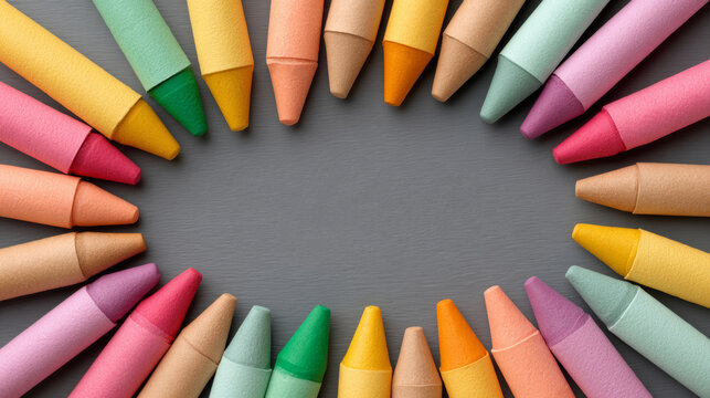 A colorful ring of wax crayons frames an empty gray center, creating a playful, creative layout ideal for school, art education, or children's design projects.