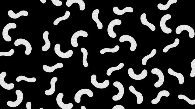 2D animated white worm or larvae wriggle pattern, seamless loop or luma matte layer. Cartoon loopable motion background for game or movie.
